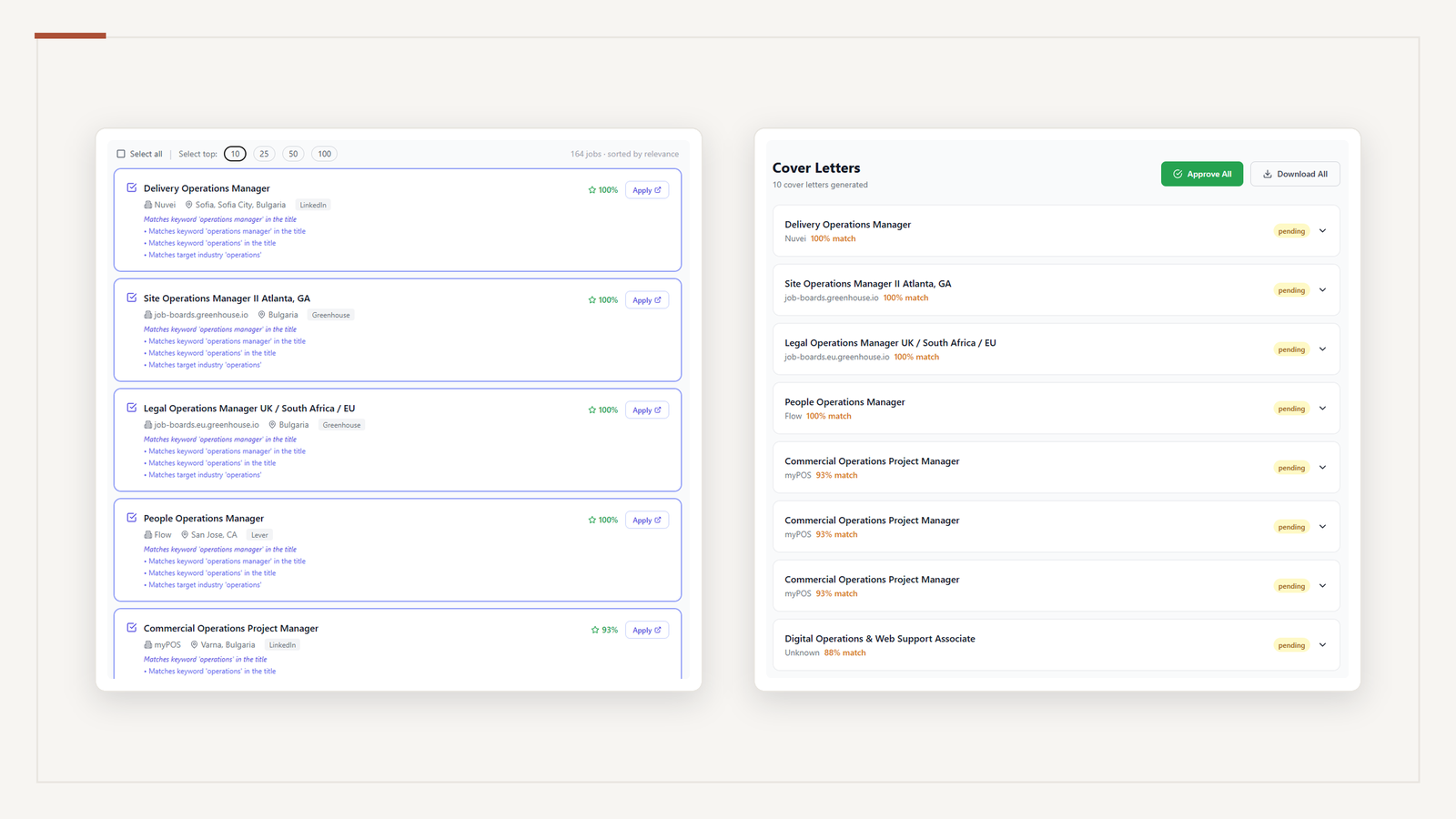 Two screenshots of the AI job-search assistant: a ranked list of matched operations roles and a list of generated cover letters with match scores.